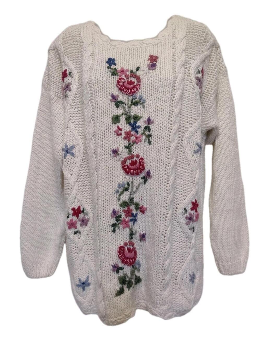 Vintage 80s Bobbie Brooks Hand Knit Floral Ramie Sweater L Korea Scallop Hem